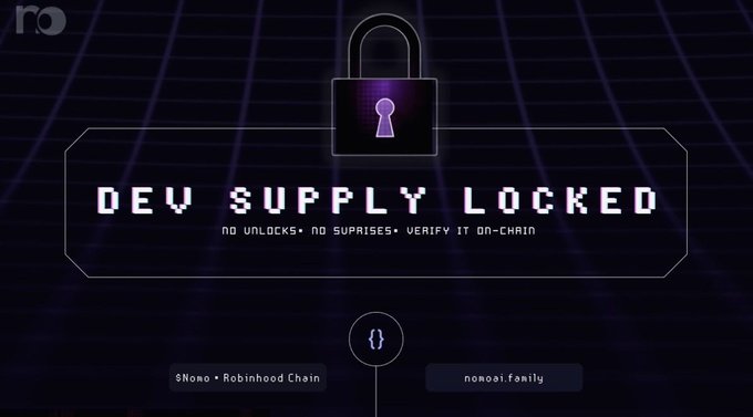 A digital graphic showing a padlock with the text 'DEV SUPPLY LOCKED', 'NO UNLOCKS, NO SUPRISES, VERIFY IT ON-CHAIN', '$Momo · Robinhood Chain', and 'momooji.family'.