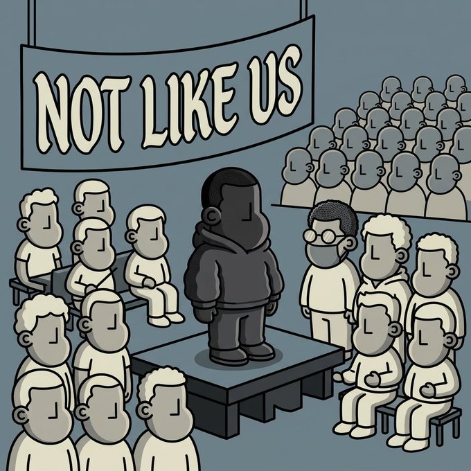 A cartoon illustration shows a dark silhouette figure standing on a stage in front of a crowd, with a large banner reading 'NOT LIKE US' hanging above.