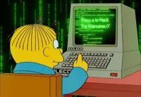 A blonde-haired cartoon character typing on an old computer that displays 'Press any key to Hack the Mainframe' with green Matrix-style code falling in the background.