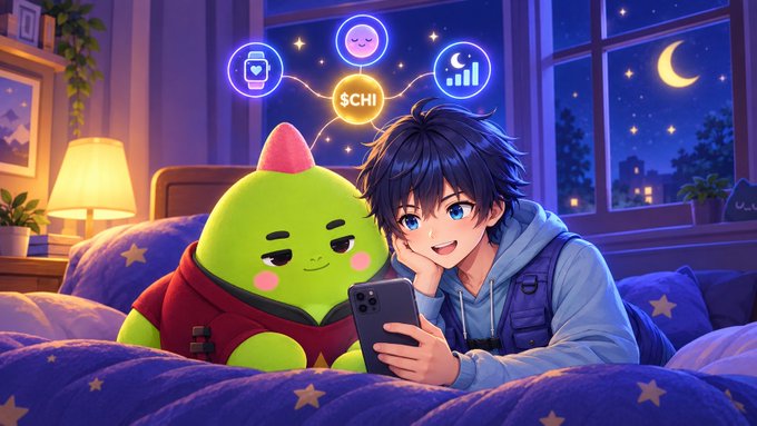 An anime-style illustration of a boy with dark hair sitting on a star-patterned bed next to a green dragon-like character, both looking at a smartphone, with floating icons showing a watch, a smiley face, '$CHI', and a moon chart, set against a night sky with a crescent moon.