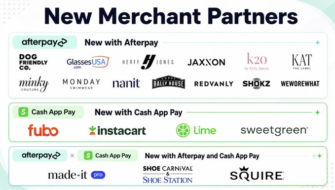 The image features a poster with various logos, including those of AfterPay, CashApp, and Instacart. The text on the poster indicates that there are new merchant partners for these services, which means they have expanded their reach to include these payment methods or platforms. This expansion could be due to the popularity of these services among consumers, leading to increased demand for them in the market.