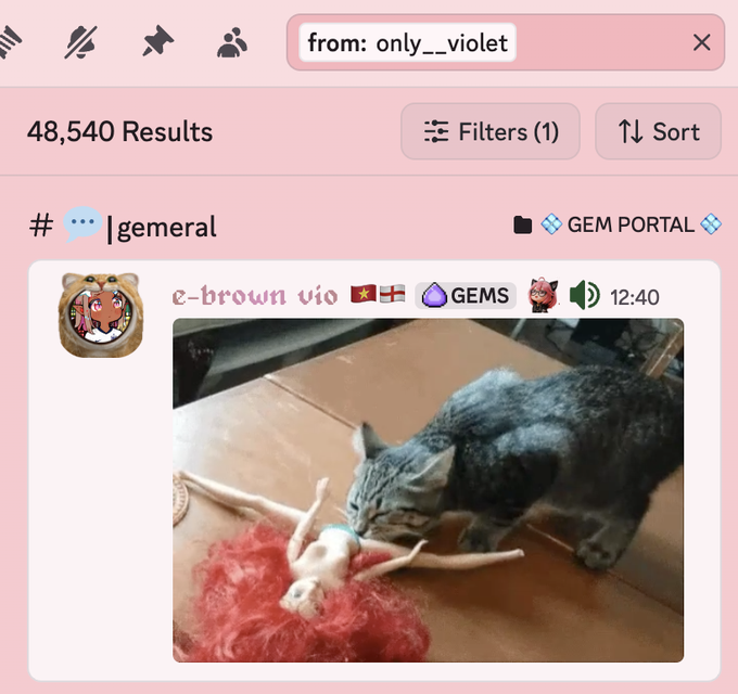 A pink-themed Gem Portal search results page shows a post from 'only__violet' under the tag '#gemeral', featuring a cat sniffing a red-haired doll on the floor.