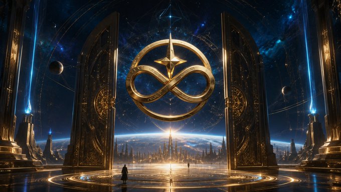 A grand cosmic gateway with towering golden arches frames a futuristic city beneath a starry sky, where an ornate infinity-like emblem glows above two silhouetted figures. The image's epic, otherworldly aesthetic mirrors the post's announcement of ETRNA's Discord launch and the founding of ETRNA//ONE, symbolizing a portal into a new cultural and community experience.