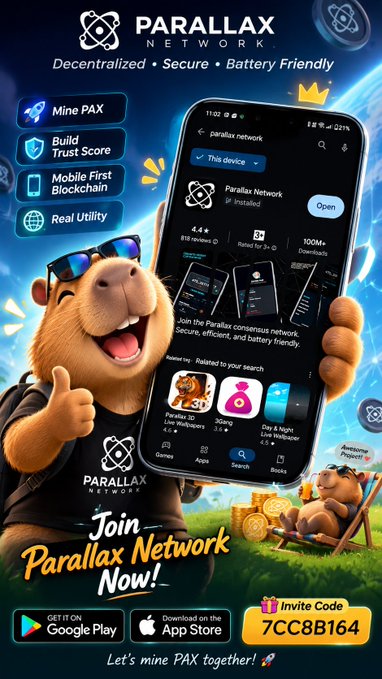 An advertisement for Parallax Network featuring a 3D bear mascot holding a smartphone displaying an app store page, with the text "Decentralized • Secure • Battery Friendly," "Mine PAX," "Build Trust Score," "Mobile First Blockchain," and an invite code "7CC8B164".