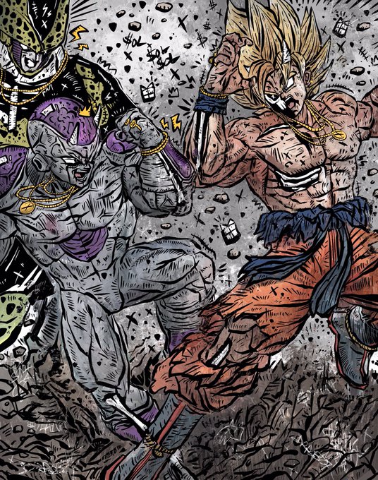 A dynamic anime battle scene shows Goku in his Super Saiyan form fighting against Frieza in his final form, with Cell visible in the background amid flying debris.