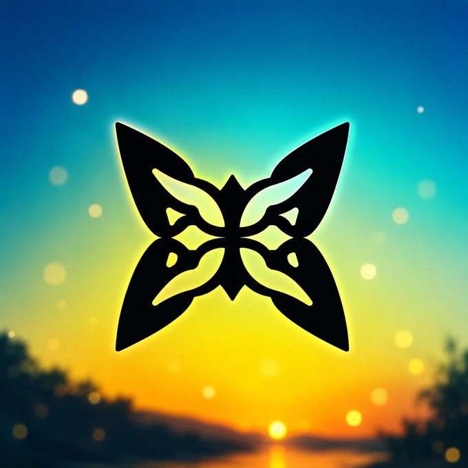 A silhouetted butterfly logo glows against a sunset sky transitioning from golden orange to deep blue, with shimmering bokeh lights scattered throughout the scene. The mystical, ethereal atmosphere visually reinforces the post's message about Quantum Echoes—the first NFT collection seeded by true quantum randomness—symbolizing the delicate, transformative nature of artwork generated by genuine quantum hardware rather than predictable algorithms.