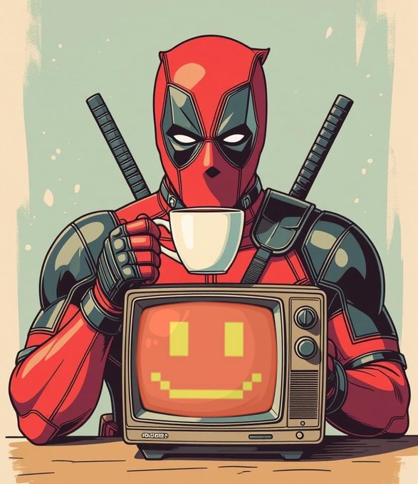 An illustrated cartoon of Deadpool in his red and black suit drinking from a white coffee cup while sitting behind a retro television displaying a yellow smiley face on an orange screen.