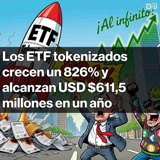 A Spanish-language infographic illustration about tokenized ETFs, with text reading 'Los ETF tokenizados crecen un 826% y alcanzan USD $611,5 millones en un año' and '¡Al infinito!', featuring cartoon characters celebrating with a rocket labeled 'ETF Tokens'.