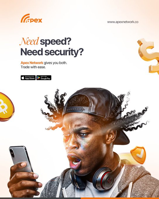 An advertisement for 'Apex Network' featuring a young man with a backwards cap and headphones reacting with shock to his smartphone, with text reading 'Need speed? Need security? Apex Network gives you both. Trade with ease.'