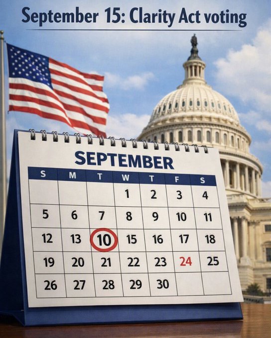 A September desk calendar sits before the U.S. Capitol dome and an American flag, highlighting the 15th with the headline "September 15: Clarity Act voting" — emphasizing the 5-day countdown to the upcoming vote referenced in the post.