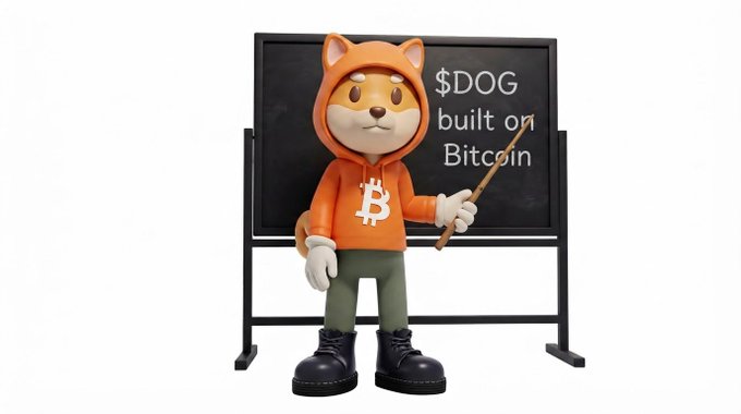 A 3D-rendered mascot character wearing an orange Bitcoin hoodie stands pointing at a chalkboard that reads '$DOG built on Bitcoin'.