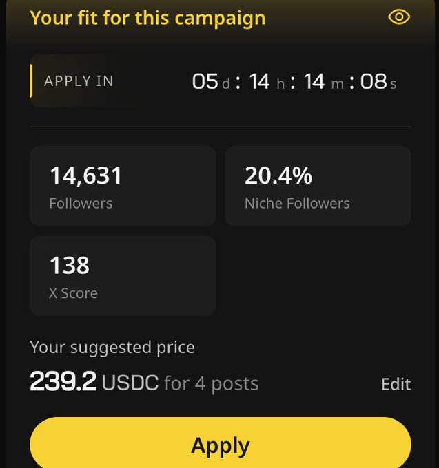 The image features an online advertisement related to a social media platform. It shows two main elements: a black background displaying some data, including numbers and text, which appears to be the price of applying for the campaign or the cost of posting on this website. The second element is a yellow button that has been edited with white text, possibly indicating a user interface action, such as clicking or deleting a selection.

In the context of the advertisement, it seems like Wallchain is promoting an offer for a social media campaign. This post aims to attract potential users who may be interested in participating in this advertising opportunity on the website, with the price displayed clearly for their consideration.