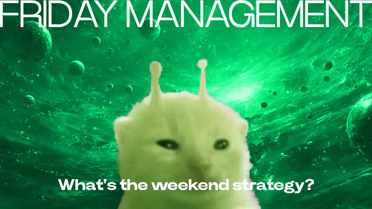 The image features a cat sitting in front of a green background with white dots, which appears to be an alien-like creature or a cartoon character. The caption below the image reads "Friday night management" followed by three options related to weekend strategies for managing finances and trading.