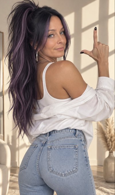 A woman with long dark hair featuring purple highlights styled in a high ponytail, wearing a white tank top and blue jeans while looking back over her shoulder and pointing her finger up.