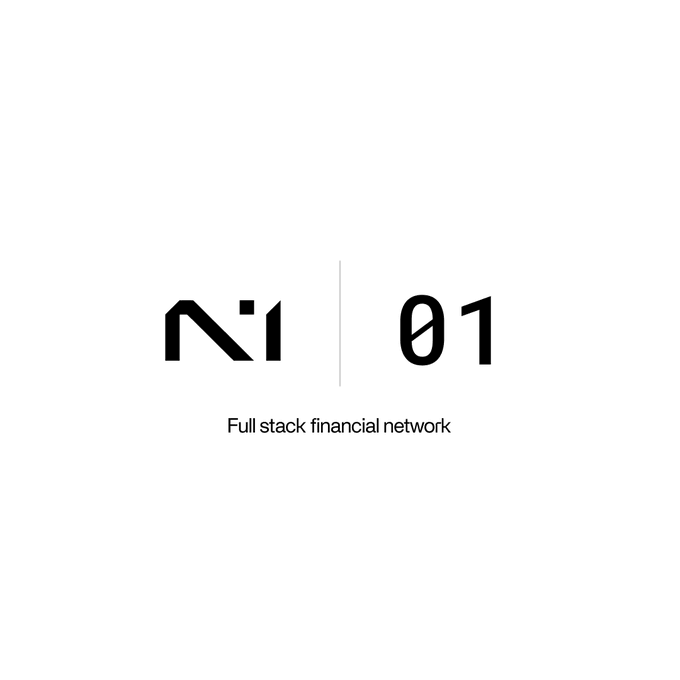 A minimalist black-and-white graphic displays the "N1" logo separated by a vertical line from "01" (01 Exchange), with the tagline "Full stack financial network" beneath. The image serves as a promotional visual announcing the launch of N1 Points Season 1 on 01 Exchange, highlighting the connection between the N1 platform and 01.xyz.