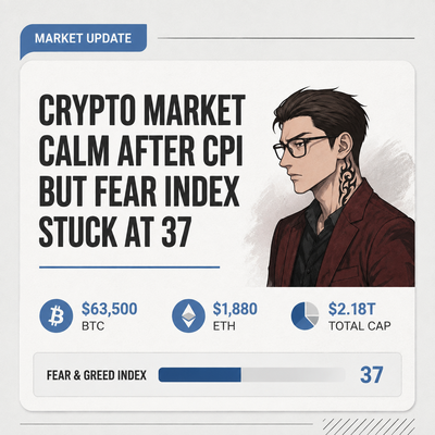 The image is a market update graphic showing crypto prices stabilizing post-CPI with BTC at $63,500, ETH at $1,880, total market cap at $2.18T, and a Fear & Greed Index reading of 37 (Fear), which aligns with the post's morning summary of a calm market still mired in fear despite stable prices.