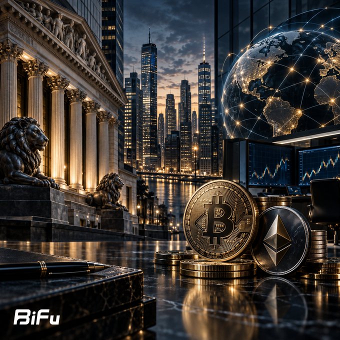Digital artwork featuring a Bitcoin and Ethereum coin on a marble desk with a cityscape, stock exchange screens, and a glowing globe in the background; watermarked 'BiFu'.