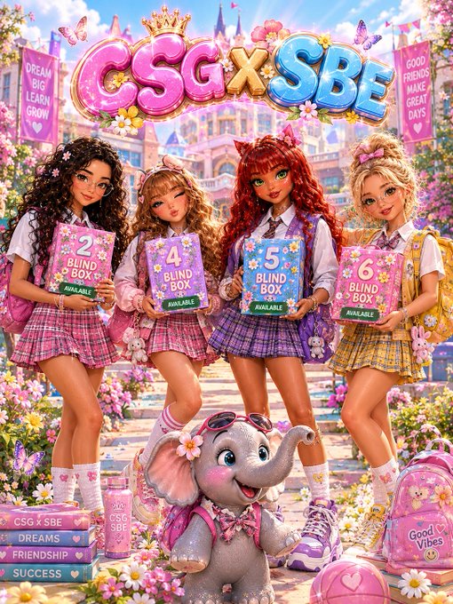 A colorful illustrated promotional poster titled 'CSG X SBE' features four stylized girls holding numbered 'Blind Box' signs (2, 4, 5, 6) standing with a cute elephant character in a floral fantasy setting, advertising 'Dreams, Friendship, Success'.