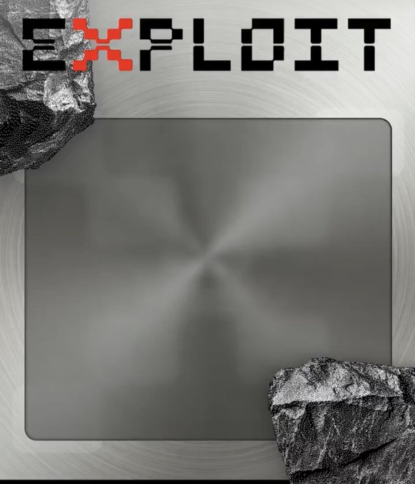 An image with the text 'EXPLOIT' at the top, where the 'X' is red, displayed above a gray square area with rocks in the corners.