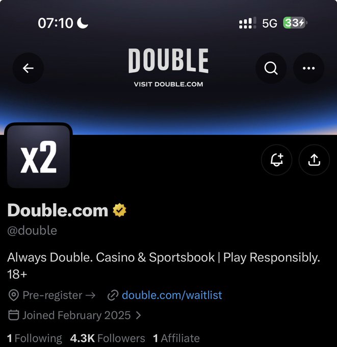 A screenshot of the verified Double.com (@double) Twitter/X profile, showing the "DOUBLE" logo, "Visit Double.com" tagline, and an "X2" profile icon, promoting their Casino & Sportsbook with a link to double.com/waitlist for pre-registration—matching the post's call to join their waitlist for a potential reward.