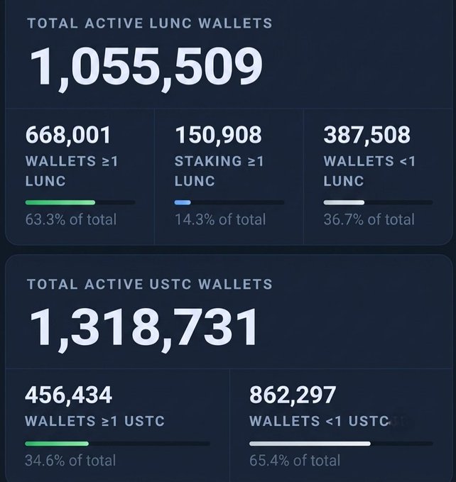 A cryptocurrency statistics dashboard showing 1,055,509 Total Active LUNC Wallets and 1,318,731 Total Active USTC Wallets, with breakdowns by holdings.
