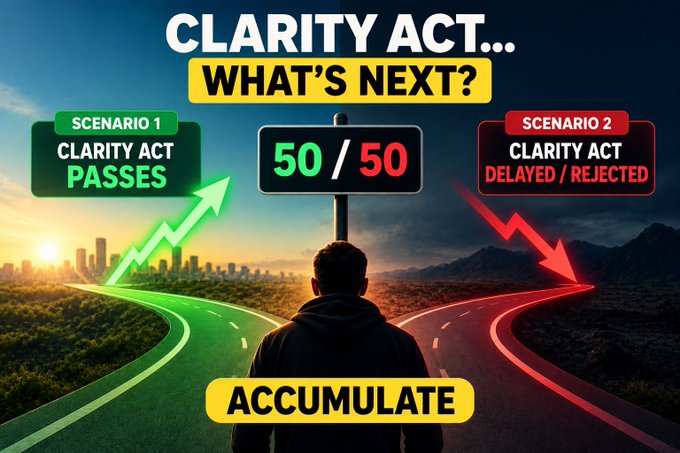 The image is a split-path decision graphic titled "CLARITY ACT... WHAT'S NEXT?" showing a person at a "50/50" crossroads with two scenarios: "SCENARIO 1: CLARITY ACT PASSES" (green arrow up) leading to a bright city skyline, and "SCENARIO 2: CLARITY ACT DELAYED/REJECTED" (red arrow down) leading to a dark mountainous landscape, with the word "ACCUMULATE" displayed at the bottom.

This visually reinforces the post's message about two possible outcomes for the Clarity Act, suggesting investors should "accumulate" crypto regardless of which 50/50 scenario plays out—either a bullish catalyst for parabolic all-time highs or a delay/rejection that may present accumulation opportunities.