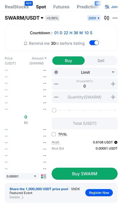 The image shows a cryptocurrency exchange interface for SWARM/USDT on MEXC, featuring a countdown timer of "01 D 22 H 36 M 10 S" until listing, alongside buy/sell options and a reminder toggle set for 30 minutes before the launch. This directly supports the post by visually confirming the upcoming SWARM token listing on MEXC, reinforcing the urgency highlighted in the message about SwarmBase's imminent token launch.