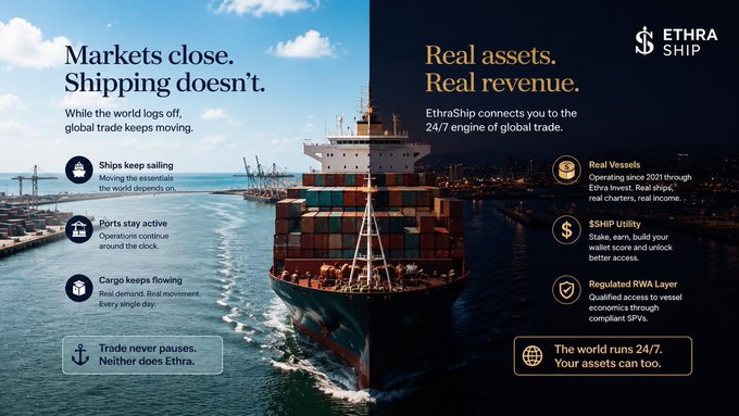 A promotional graphic for EthraShip advertising real-world assets tied to global shipping, with text reading 'Markets close. Shipping doesn't.' and 'Real assets. Real revenue,' alongside details about Real Vessels, $SHIP Utility, and the regulated RWA Layer.