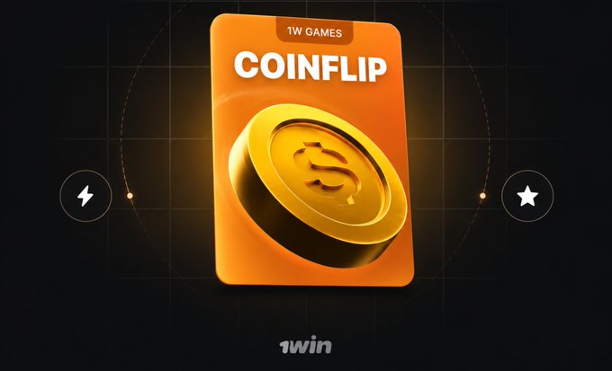 A promotional graphic for a "COINFLIP" game by "1W GAMES" features a golden coin with a dollar sign on an orange background, flanked by lightning bolt and star icons, with "1win" branding at the bottom—visually supporting the 1win challenge encouraging players to beat a 30x CoinFlip streak.