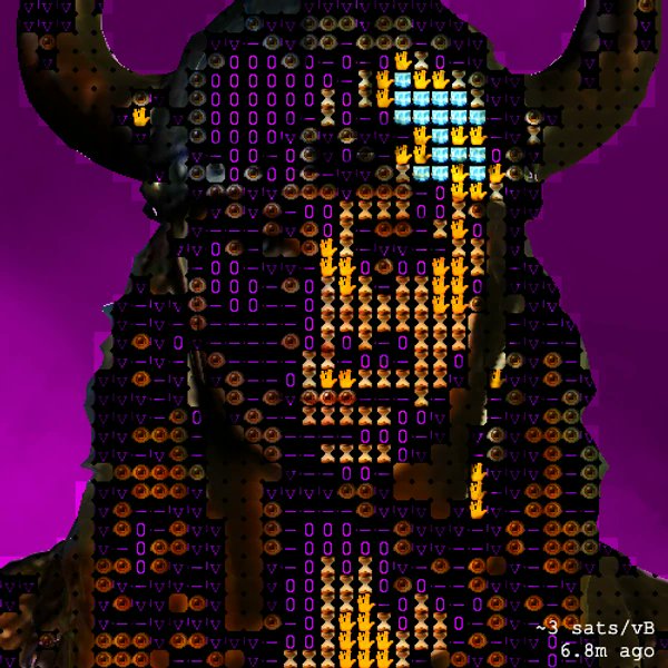 A digital artwork featuring a horned figure composed of ASCII-style characters, numbers, and symbols against a purple background, with text reading '~3 sats/vB' and '6.8m ago' in the corner.