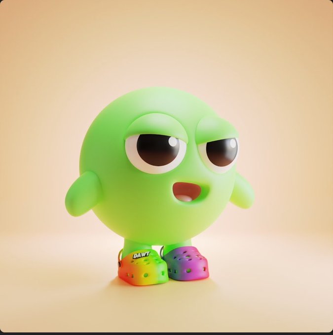 A 3D-rendered green spherical cartoon character with large expressive eyes and rainbow Croc-style shoes labeled "DAWG" stands against a warm gradient background, playfully matching the post's nostalgic crypto giveaway vibe. The character's cute, meme-worthy design fits the comeback announcement tied to dropping a Solana wallet.