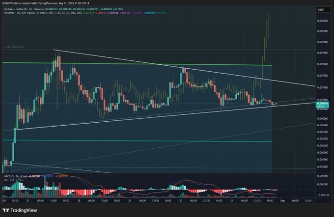 A TradingView chart of VeChain/USDT on Binance (1-hour timeframe) shows a recent bullish breakout above a descending wedge pattern, with the price pushing to 0.006733 before pulling back toward the 0.006660 support level, aligning with the post's note about a confirmed monthly breakout and expected rebound.