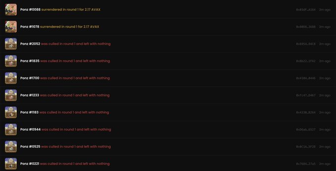 A screenshot from a crypto gambling game called ferdyponz.xyz displaying a leaderboard of recent outcomes, where several players (Ponz #2052, #1835, #1700, #1233, #183, #6944, #5525, #0221) were "culled in round 1 and left with nothing," while Ponz #0088 and #1078 surrendered in round 1 for approximately 2.17 AVAX each. The post asks followers "Did you survive round 1?" highlighting the game's high-risk nature where most participants lose their stake.