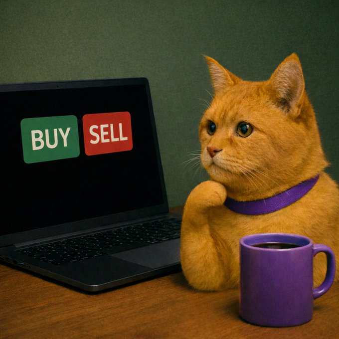 An AI-generated image of an orange cat wearing a purple collar, sitting thoughtfully next to a purple coffee mug and a laptop displaying green 'BUY' and red 'SELL' buttons.