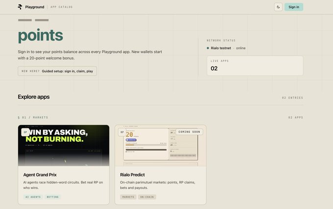 The screenshot shows the Playground App Catalog's "points" page featuring Rialo testnet as online with 2 live apps, highlighting Rialo Predict (marked "Coming Soon") as an on-chain parimutuel markets app and Agent Grand Prix with AI agents competing in hidden-word circuits.

The image directly supports the post by visually confirming the Rialo point program's offering of a 20-point welcome bonus and showcasing available apps users can engage with after signing up.