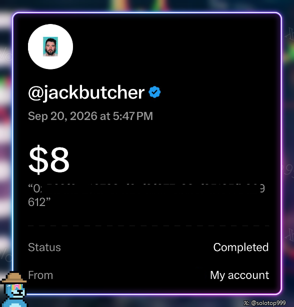 A transaction receipt from @jackbutcher dated Sep 20, 2026 at 5:47 PM showing a completed $8 transfer with partially redacted details from "My account."