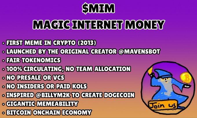 Promotional graphic for '$MIM MAGIC INTERNET MONEY,' listing features such as 'First Meme in Crypto (2013),' 'Launched by the original creator @mavensbot,' 'Fair Tokenomics,' and 'Inspired @BillyM2k to create Dogecoin,' with a wizard mascot.