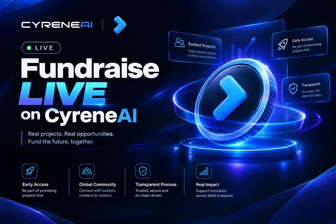 A promotional graphic for 'CYRENE AI' advertising a 'Fundraise LIVE' event, highlighting features like Early Access, Backed Projects, Transparent Process, and Global Community against a blue neon background.