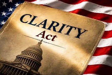 A document labeled 'CLARITY Act' displayed over an American flag background, with the U.S. Capitol building visible at the bottom.
