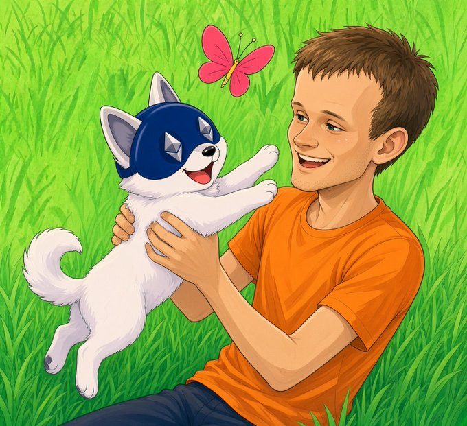 A cartoon illustration shows a smiling boy in an orange t-shirt holding a happy white dog wearing a blue spiked helmet, with a pink butterfly flying above them in a grassy field.