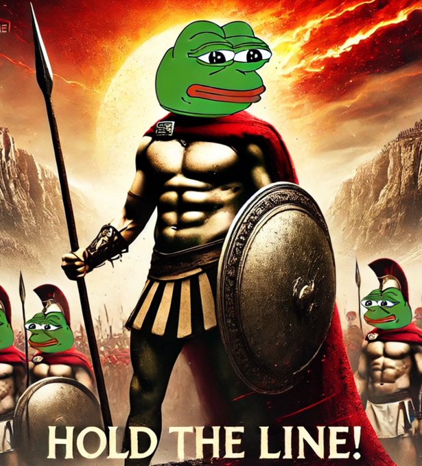 A movie poster parody titled 'HOLD THE LINE!' featuring Pepe the Frog as a Spartan warrior with a spear and shield, surrounded by an army.