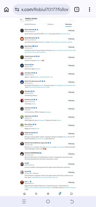 A mobile screenshot of the X (formerly Twitter) profile "x.com/Robiul170177/follow" showing the verified account "ROBIUL HASAN" (@buildwithrobiul) with its "Following" list of 20 accounts, including Ahsan Rabbani, Daniel Brunauer, Nico Prince, efkanlor, Vincent, eric_base.eth, David Yoo, blockchain draw, om.dave.eth, jboz.eth, Duc of Base, Hug Ventures, Antonio García Martínez, KAYVAN (OXBAYMMOBILE), Jen, jmweb3, and Lime, all showing mutual "Following" status. The accompanying post about following the @base affiliates list directly corresponds to this "Following" feed screenshot, visually confirming the accounts referenced in the message.