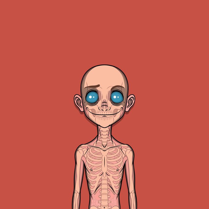 A digital illustration of a skeletal figure with an unsettling smile and large blue eyes, set against a solid red background.