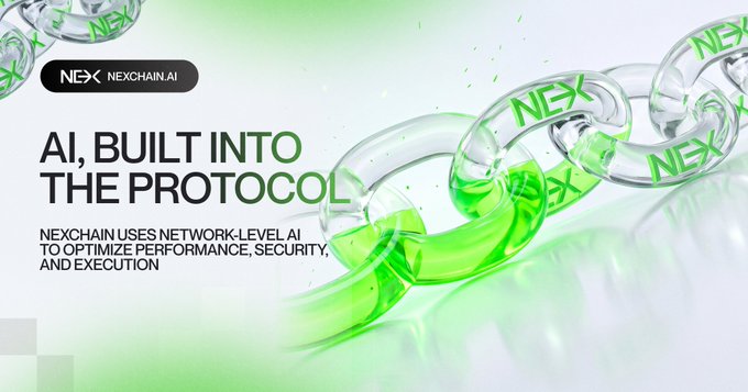 A promotional graphic for Nexchain.AI featuring a glossy green and silver chain with the "NEX" logo on each link, alongside bold text reading "AI, BUILT INTO THE PROTOCOL" and a tagline explaining that Nexchain uses network-level AI to optimize performance, security, and execution. The visual of the chain reinforces the post's message that AI is an integral part of Nexchain's base-layer protocol rather than an external addition.