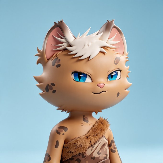 A 3D-rendered anthropomorphic cat character with brown spotted fur, blue eyes, white-tipped ears, and wearing a fur-trimmed garment against a light blue background.