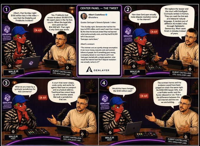 A four-panel comic featuring a podcast or interview with host 'WALEJR' and guest 'ALBERT CASTELLANA, CEO GENLAYER LABS' discussing GenLayer and cryptocurrency, with a center tweet panel from Albert Castellana (@stellanate) criticizing GenLayer.