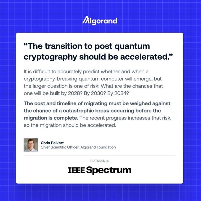 An Algorand quote card featuring Chris Peikert, Chief Scientific Officer of the Algorand Foundation, stating that 'The transition to post quantum cryptography should be accelerated,' featured in IEEE Spectrum.