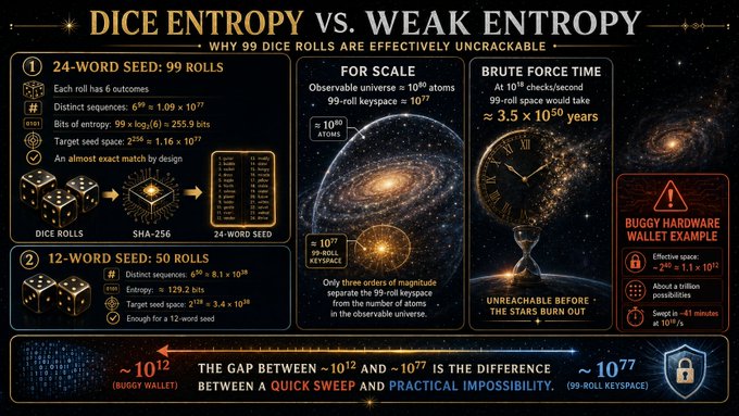 An infographic titled "Dice Entropy vs. Weak Entropy" explaining why 99 dice rolls are effectively uncrackable, highlighting that a 24-word seed requires 99 rolls producing ~2^255.6 bits of entropy, matching SHA-256's 256-bit target, while illustrating the massive gap between a buggy hardware wallet's ~10^12 attempts and the 99-roll keyspace of ~10^77 (3.5 x 10^50 years to brute force), supporting the post's claim that physical dice rolls provide the highest standard of randomness.