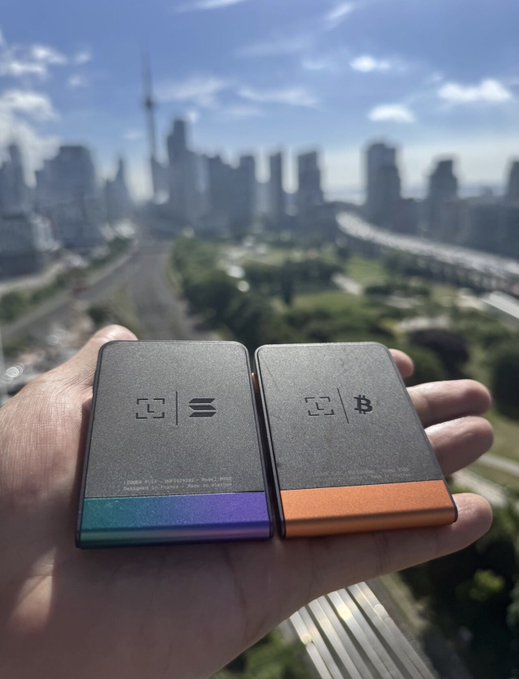 A hand holds two cryptocurrency hardware wallets—one labeled "S" (Solana) and the other "₿" (Bitcoin)—against the blurred backdrop of the Toronto skyline, visually matching the post's flex of holding BTC and SOL wallets with the 6ix cityscape behind.