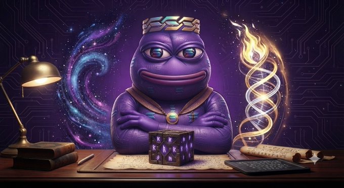 A digital artwork features a purple Pepe the Frog character wearing a golden crown, sitting at a desk with a glowing cube, a desk lamp, books, and a DNA helix, set against a cosmic purple background with circuit board patterns.